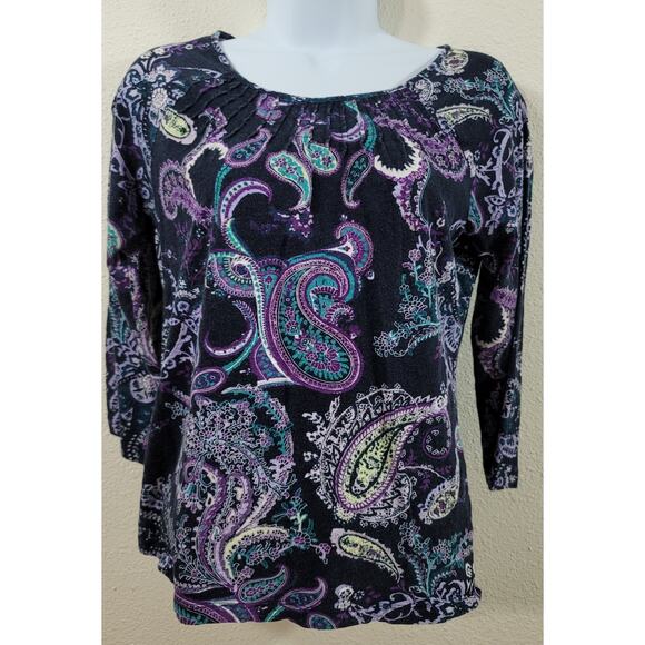 Talbots Navy Blue Purple Teal Paisley Print Top MP Lightweight Soft Stretchy - Picture 1 of 5